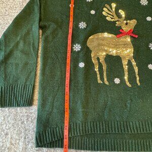 Holiday Christmas Sweater Gold Sparkle Sequin Reindeer Green Women's Size XL